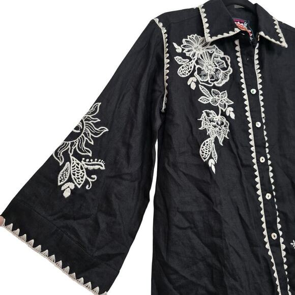 Johnny Was Addison Kimono Sleeve Shirt Black Floral Embroidered Linen Tunic XS - Picture 3 of 16
